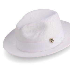 White Braided Wide Brim Pinch Fedora  Hat H-42